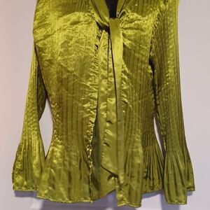 Ashley Stewart Olive Green Satin Tie-Neck Blouse